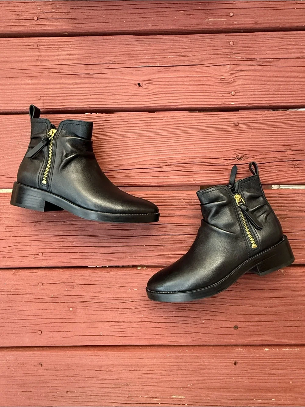Cole Haan Black Leather Ankle Boots with Gold Zippers